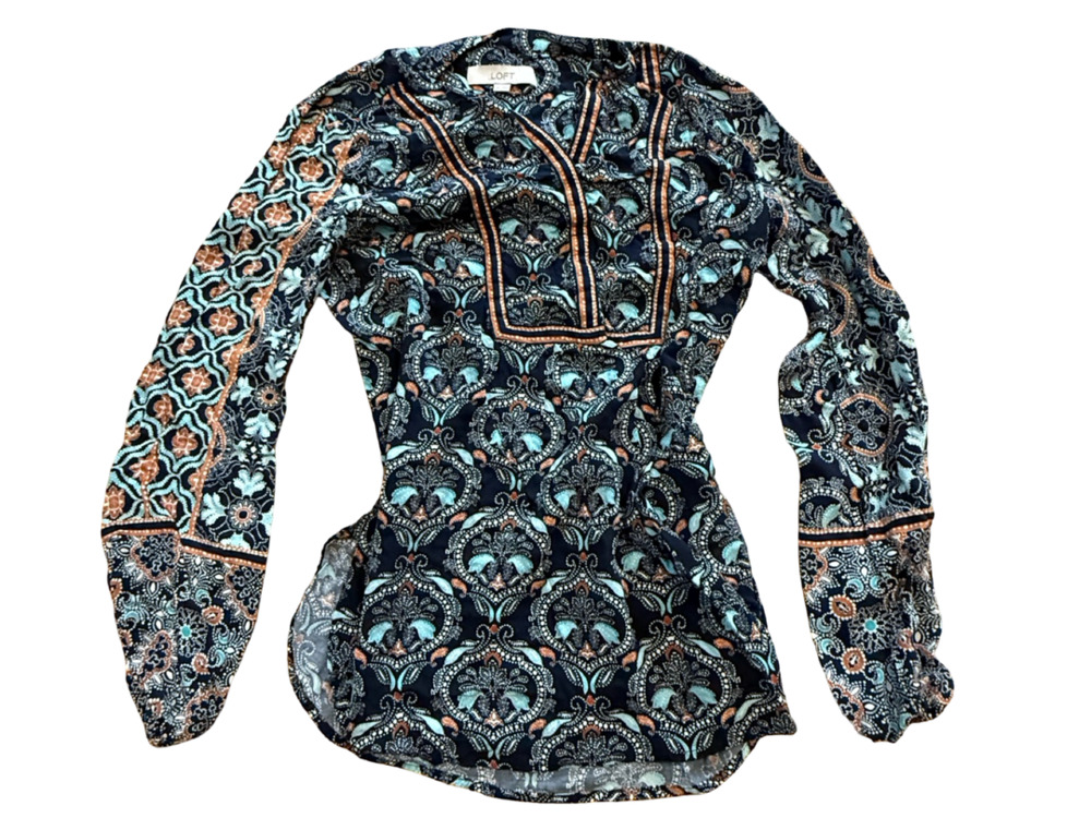 LOFT Blouse XS Paisley Long Sleeve V-Neck Blue Multi